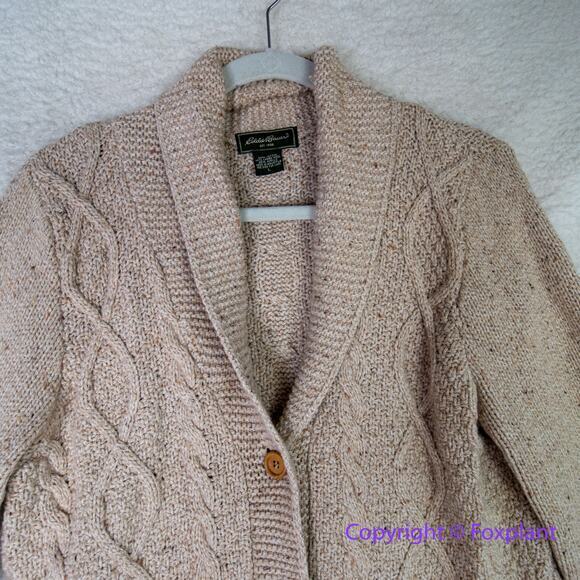 Eddie Bauer Chunky Cable Knit Lambs Wool cotton blend Cardigan Sweater, size‎ L - Picture 2 of 15